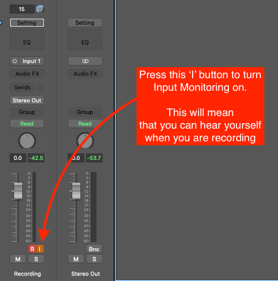 Logic Pro channel strip with the I input monitoring button highlighted