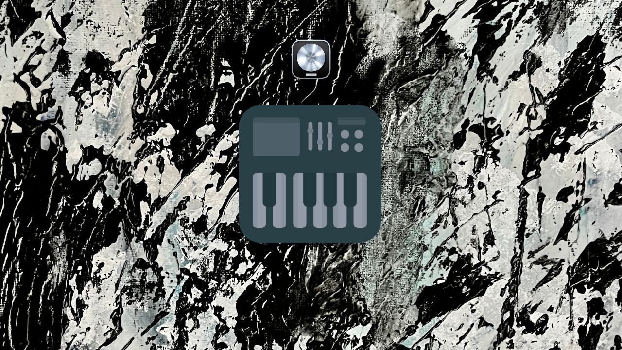 Logic Pro icon above a software instrument icon on a black and white painted background