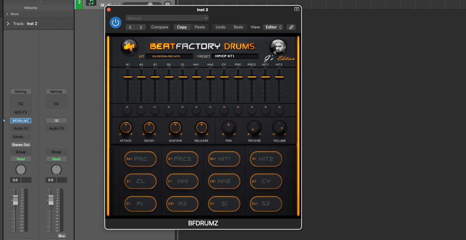 BeatFactory Drums plugin window open on a new instrument track in Logic Pro X