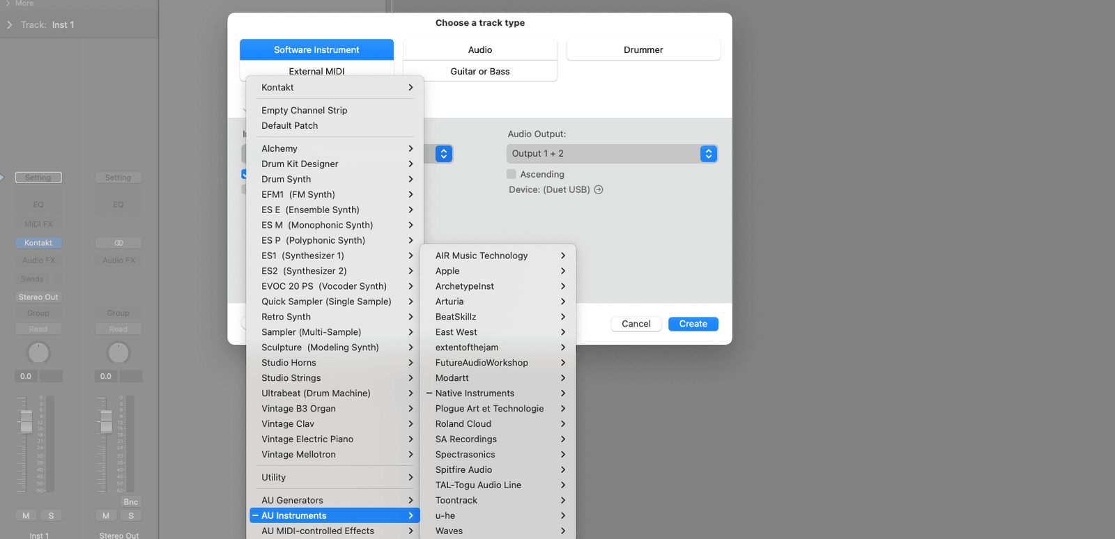 Logic Pro X new track dialog with the AU Instruments menu open