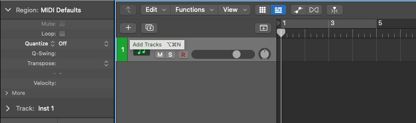 Logic Pro X track header with the Add Tracks button tooltip showing