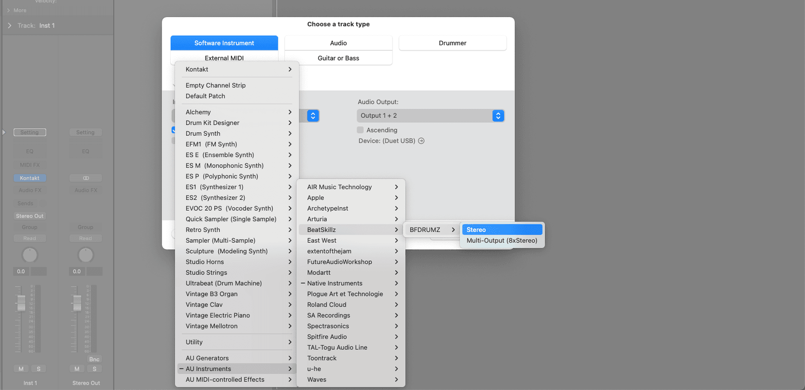 AU Instruments submenu in Logic Pro X with the BFDRUMZ stereo instrument selected