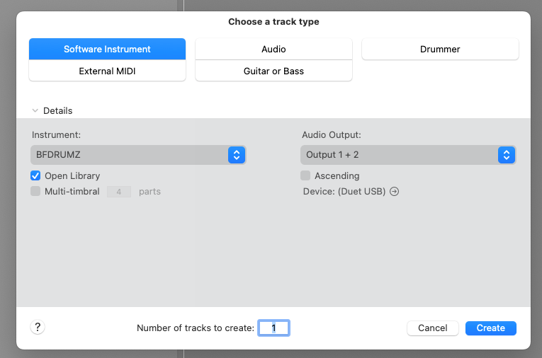 Logic Pro X Choose a track type dialog with BFDRUMZ selected and the Create button