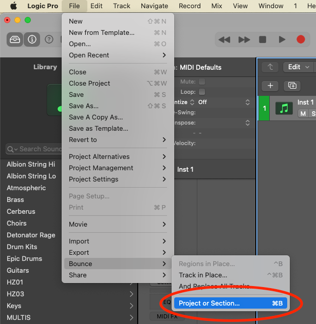 Logic Pro File menu open at Bounce with Project or Section circled