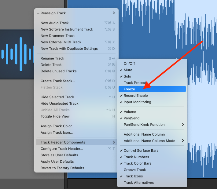 Logic Pro track menu with Track Header Components open and Freeze highlighted
