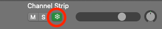 Logic Pro track header with the Freeze button switched on and showing green