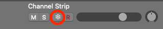 Logic Pro track header with the new Freeze button circled next to Mute and Solo