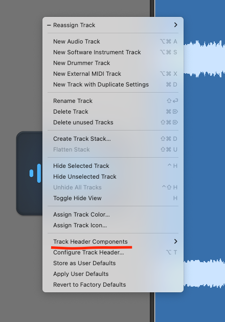 Logic Pro right-click track menu with Track Header Components underlined