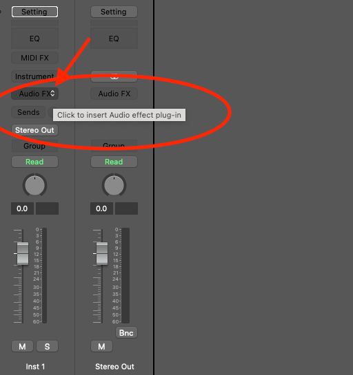 Logic Pro X channel strip with the Audio FX slot circled