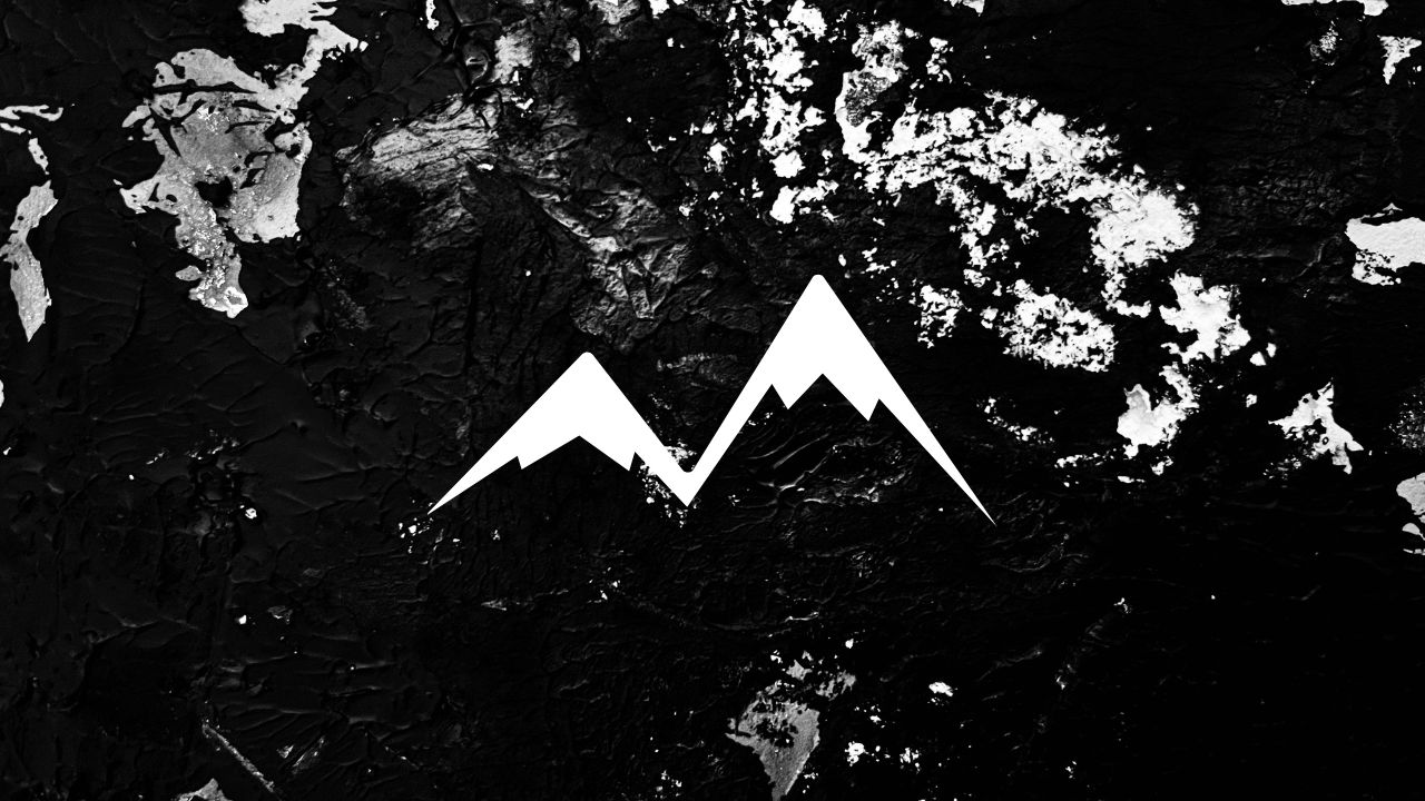 Black abstract painted texture with a white twin mountain peak icon in the centre