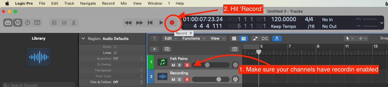 Logic Pro control bar with the Record button and record-enabled tracks highlighted