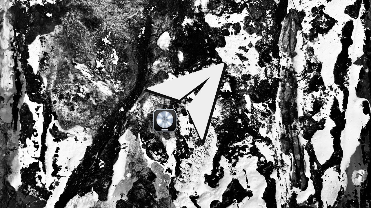 Logic Pro icon beside a paper plane send symbol on black and white abstract artwork