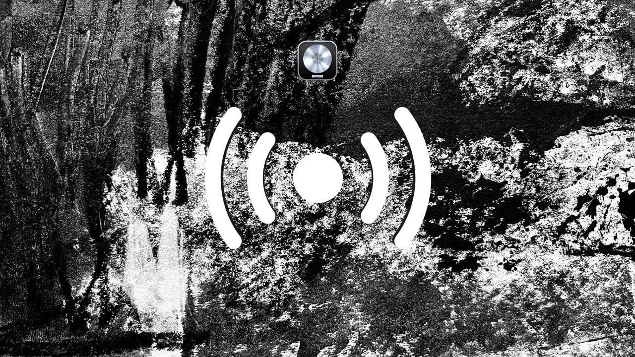 Logic Pro icon above a broadcast signal symbol on black and white abstract artwork