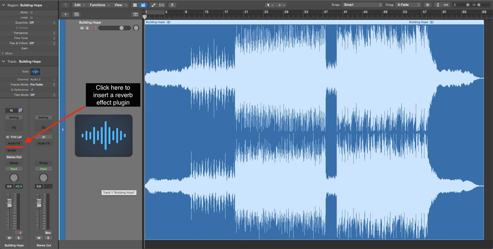 Logic Pro audio channel strip with the Audio FX slot highlighted for inserting a reverb plugin