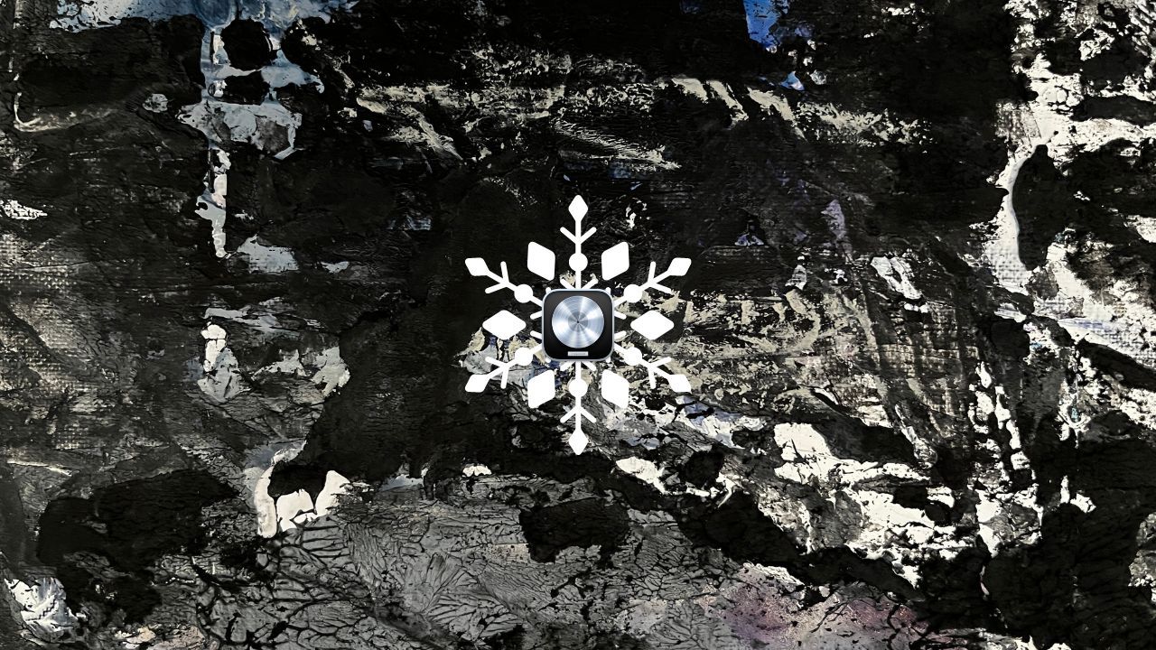 Logic Pro icon inside a white snowflake on dark abstract painted artwork