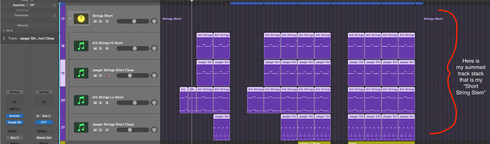 Summing track stack of short string tracks in Logic Pro labelled as a Short String Stem