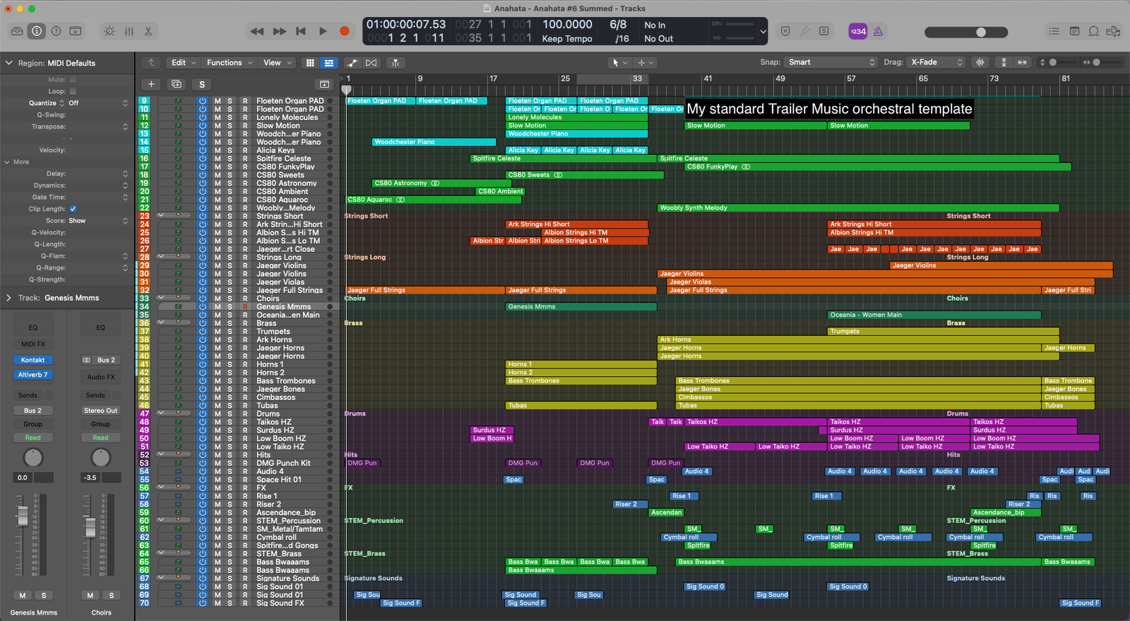 Logic Pro trailer music orchestral template with colour-coded track groups for strings, choirs, brass, drums and FX