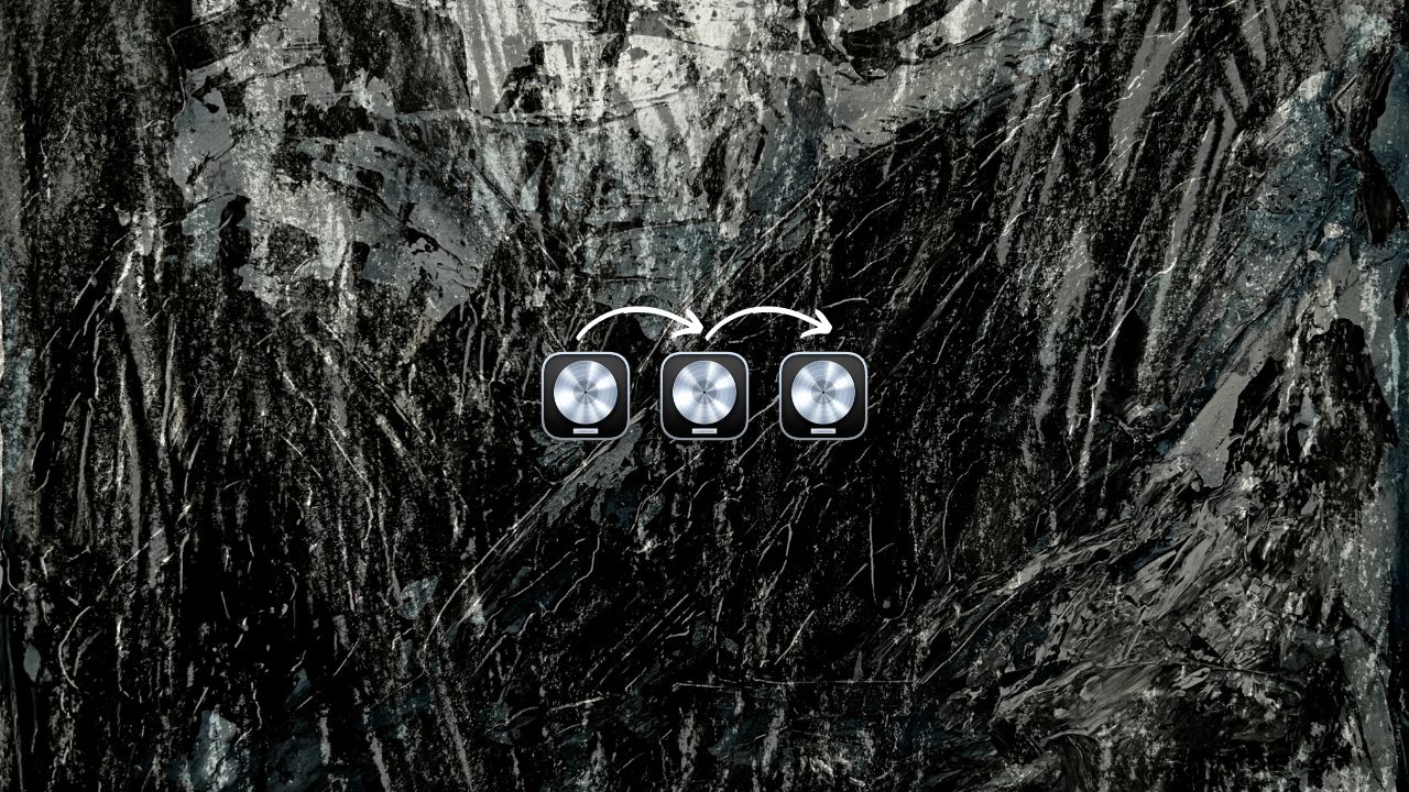 Three Logic Pro icons linked by arrows on dark abstract painted artwork