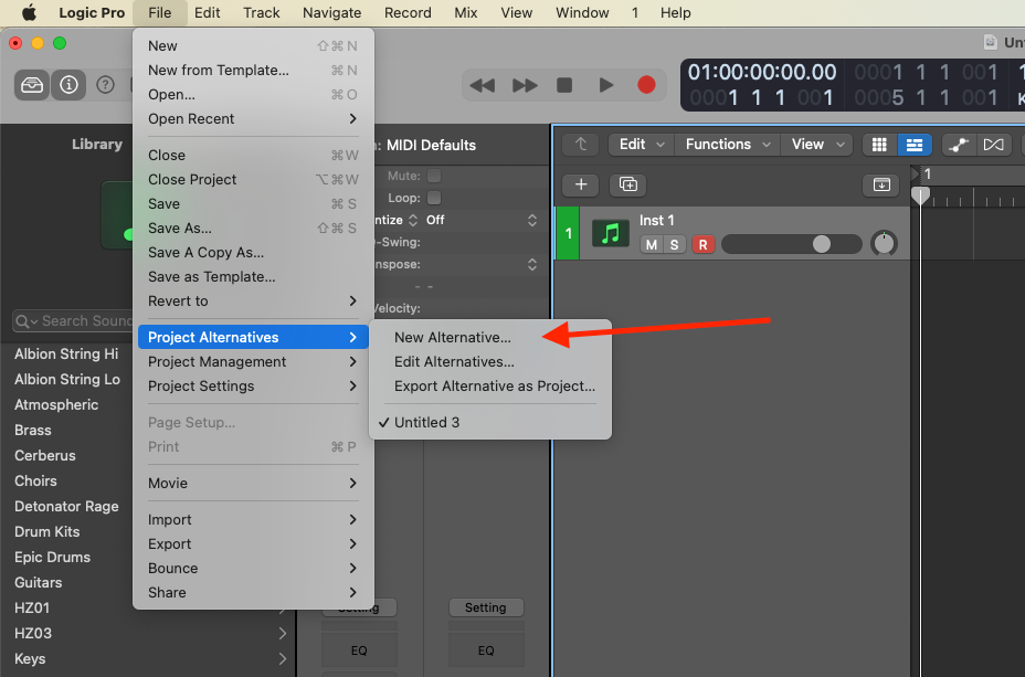 Logic Pro File menu with Project Alternatives open and New Alternative highlighted