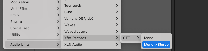 Audio Units menu in Logic Pro X selecting the Xfer Records OTT plugin
