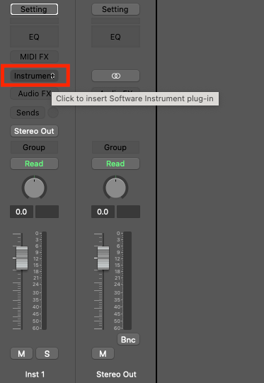 Logic Pro X channel strip with the Instrument slot highlighted