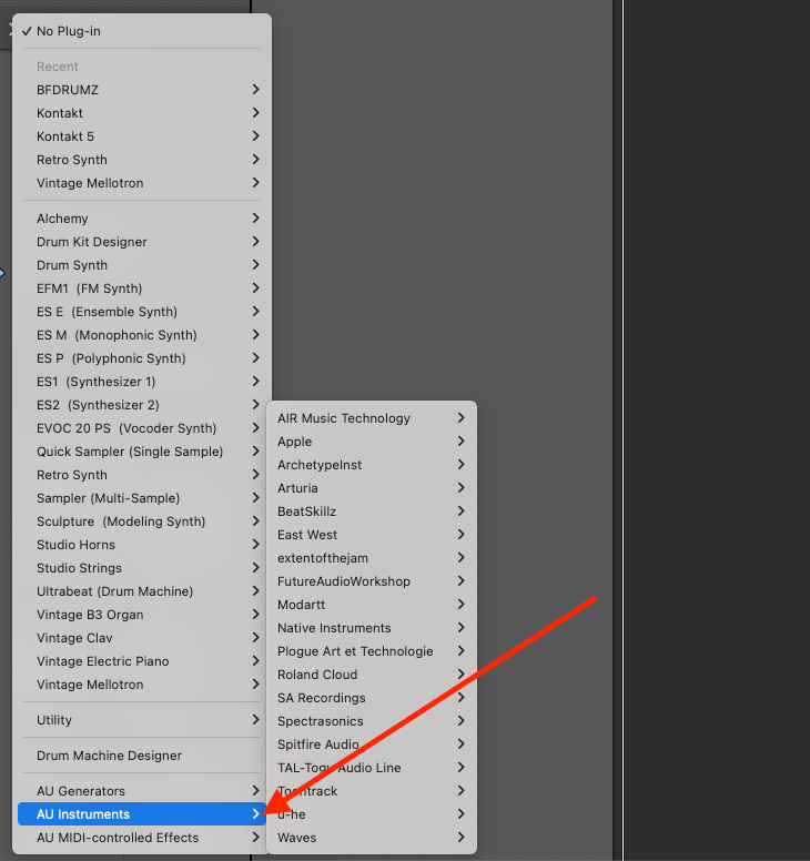 Logic Pro X instrument menu with AU Instruments highlighted