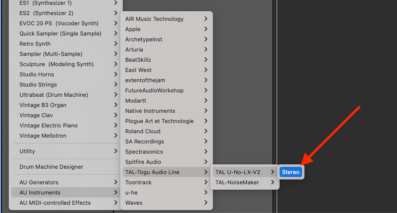 AU Instruments menu in Logic Pro X selecting the TAL U-No-LX-V2 synth