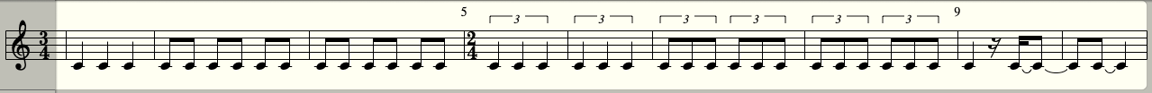 Notation of the Act 3 rhythm moving from 3/4 to 2/4 with eighth notes and triplets to build a frenzy