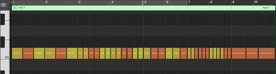 Logic Pro piano roll of a single-note Act 3 rhythm mixing quarter notes, eighth notes, triplets and sixteenths