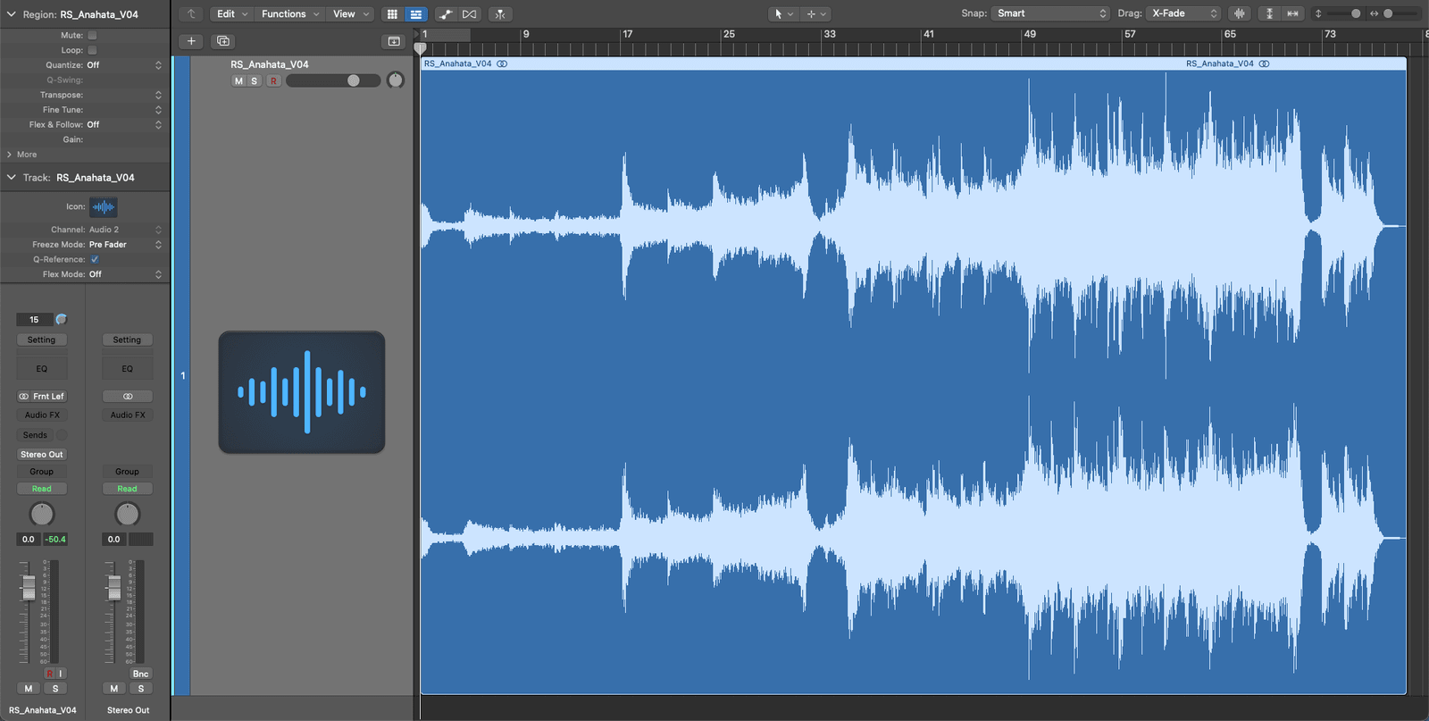 Logic Pro session with a stereo trailer track waveform loaded and ready for mastering