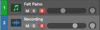 Two Logic Pro tracks with the red R record enable buttons switched on