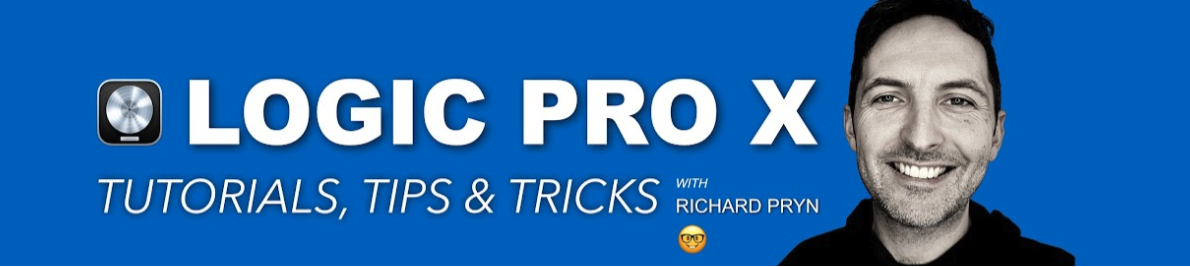 Blue YouTube banner reading Logic Pro X Tutorials, Tips & Tricks with Richard Pryn, beside his photo