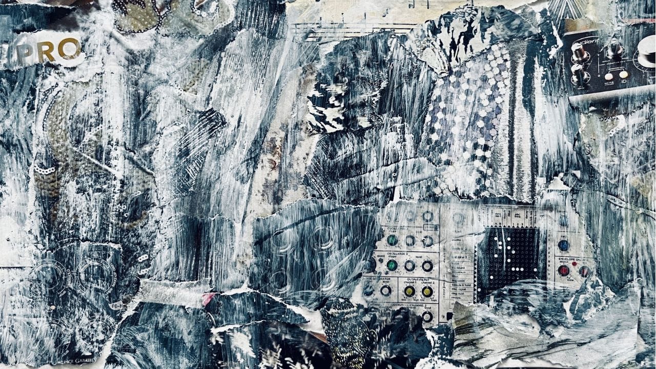 Dark blue and white mixed-media collage with torn paper, synthesiser panels and the letters PRO