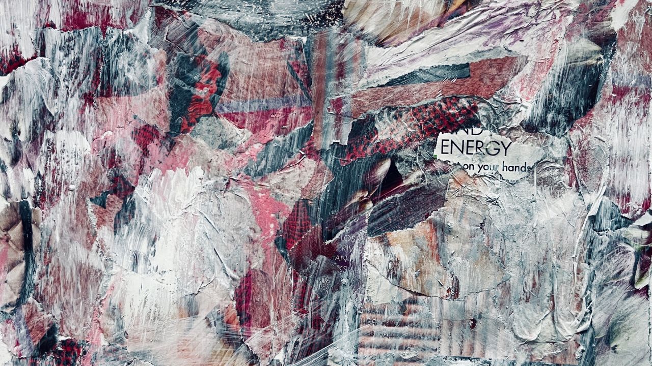 Pink, red and grey mixed-media collage with torn text reading Energy