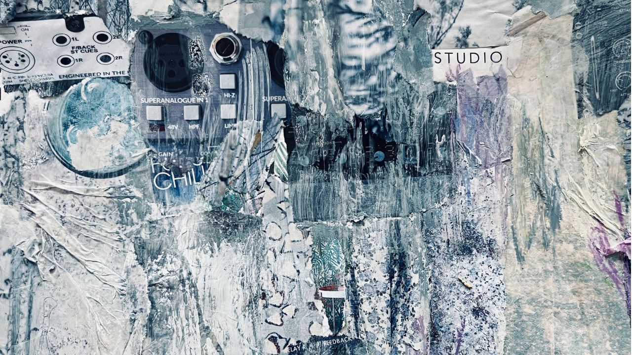 Grey and blue mixed-media collage including part of an audio interface and torn text reading Studio