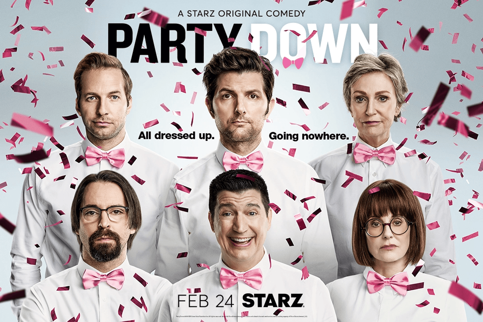Starz poster for Party Down showing six cast members in pink bow ties under falling confetti