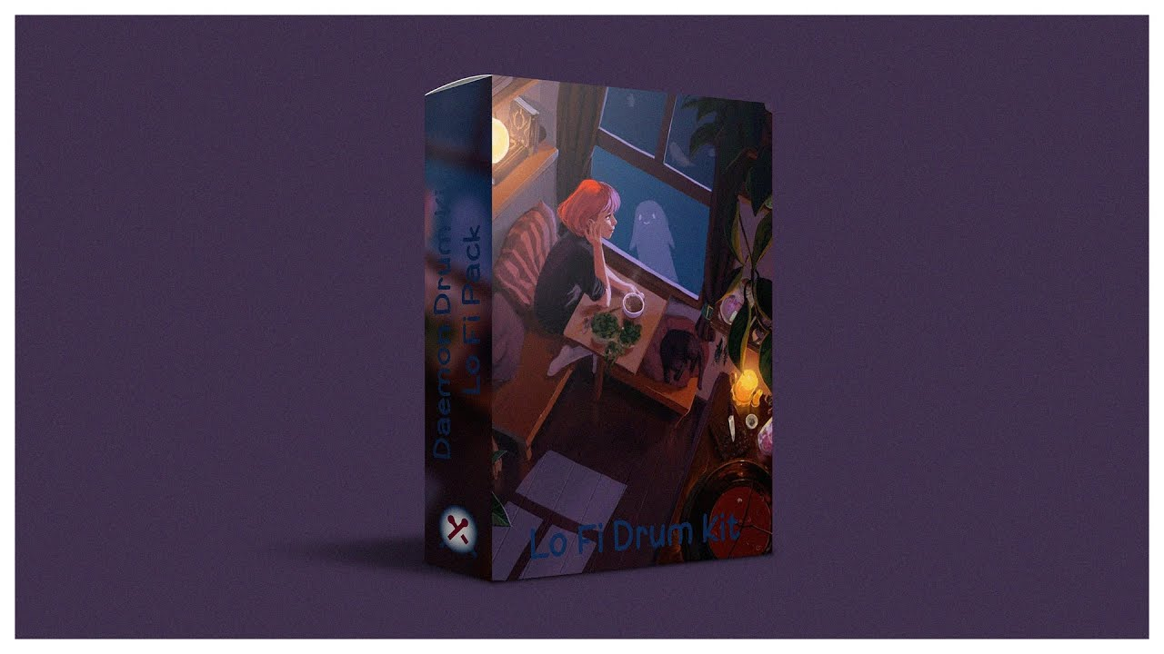 Box art for the Daemon Lofi Drum Kit showing a girl drinking tea by a window at night
