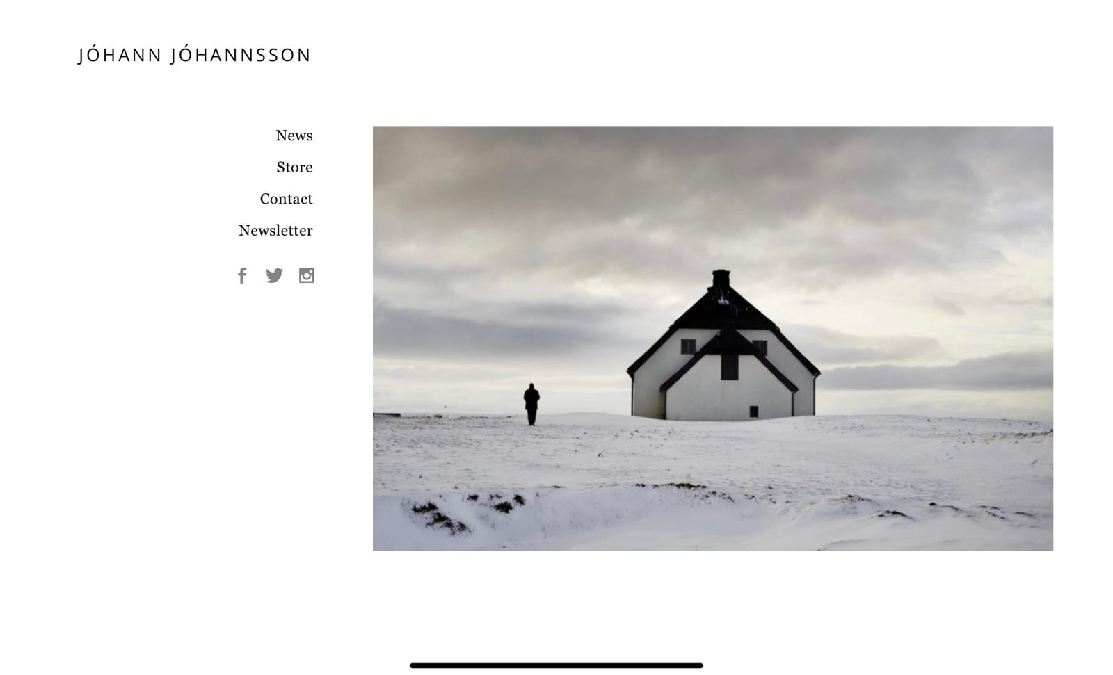Jóhann Jóhannsson website homepage with a snowy landscape photo