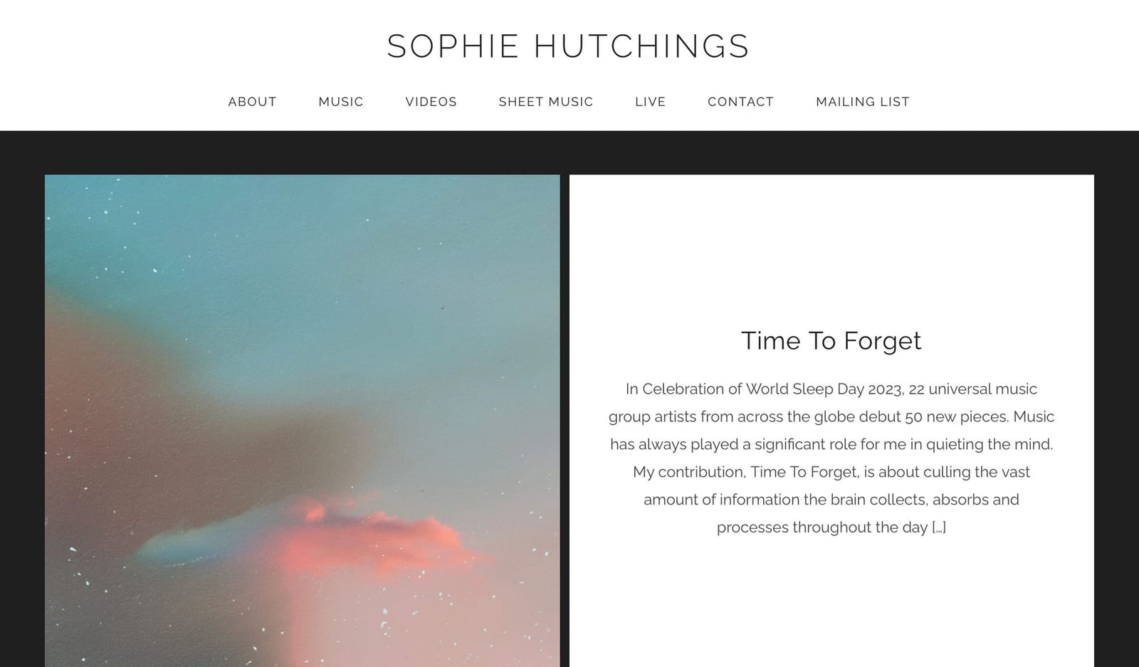Sophie Hutchings website homepage with a minimal menu and a featured release