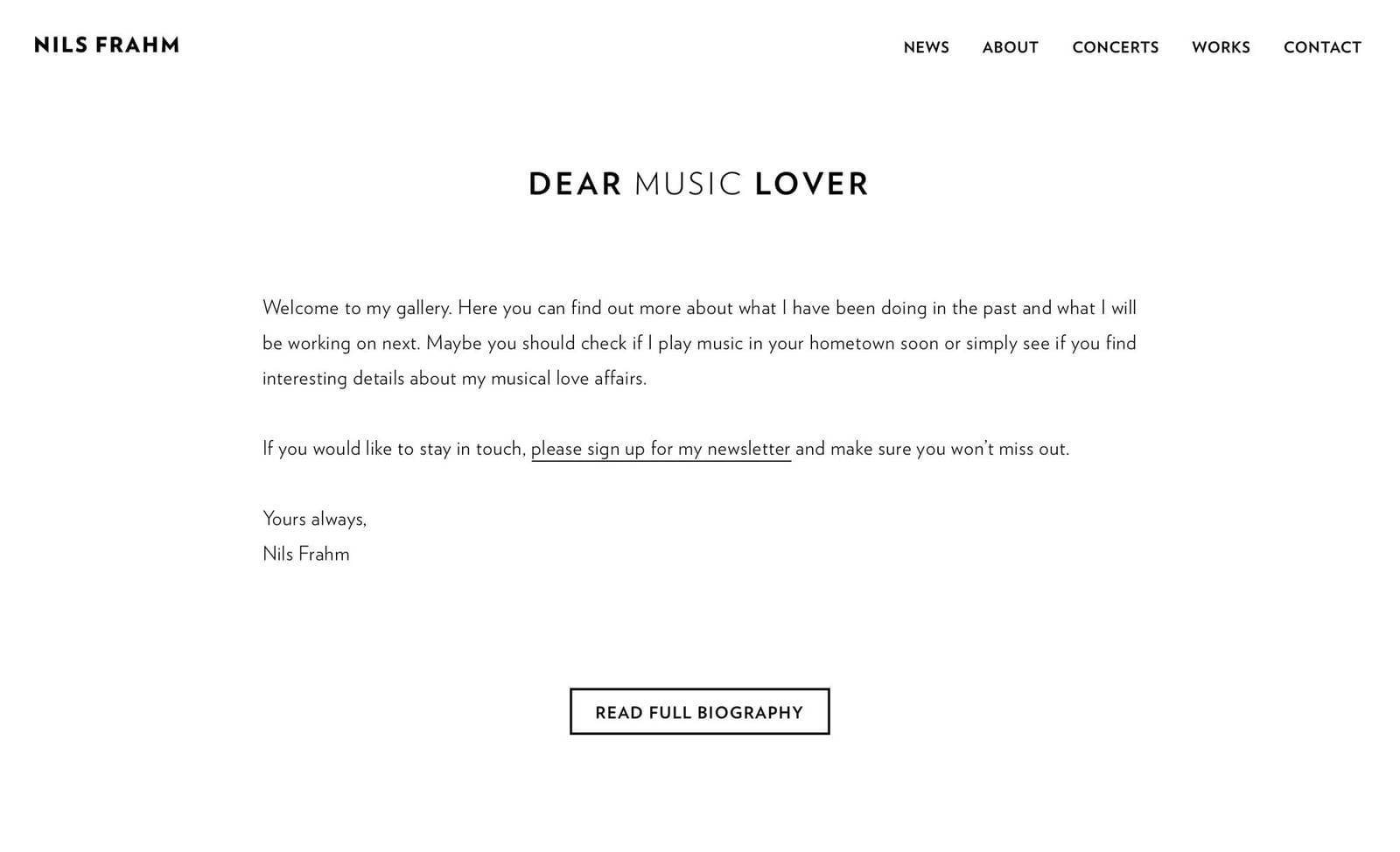 Nils Frahm website homepage with a Dear Music Lover welcome message
