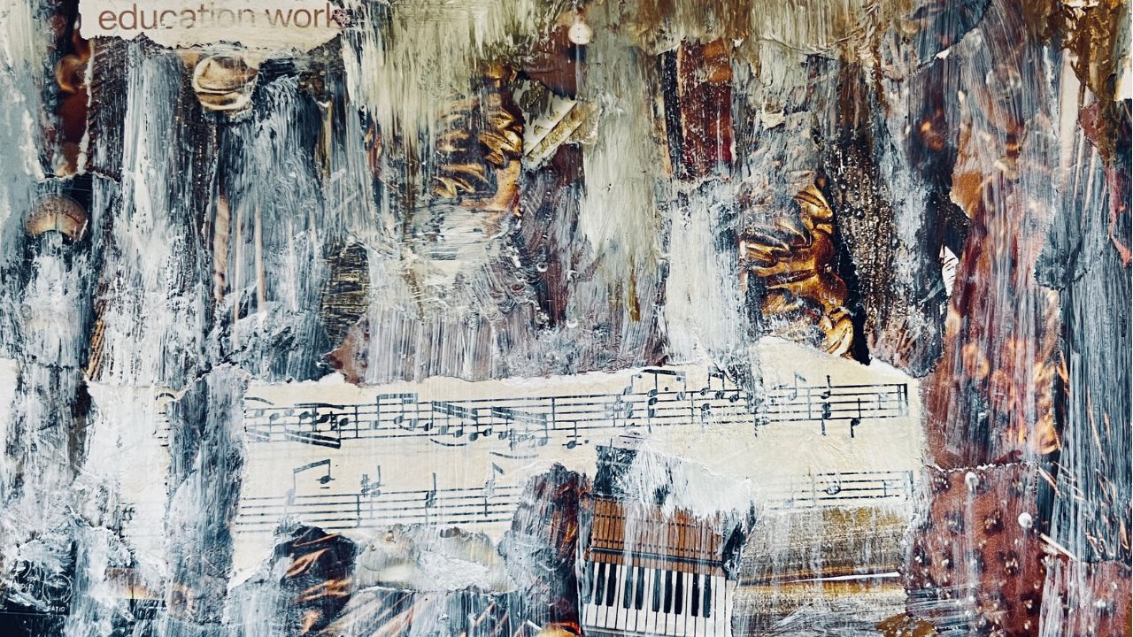 Mixed-media collage of sheet music, piano keys and gold ornament under white and brown paint