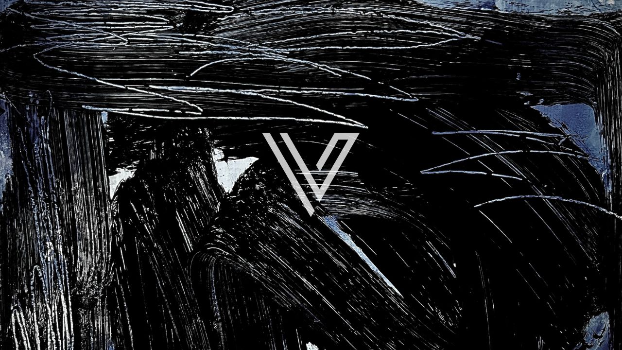 White V-shaped logo on black and blue abstract painted artwork