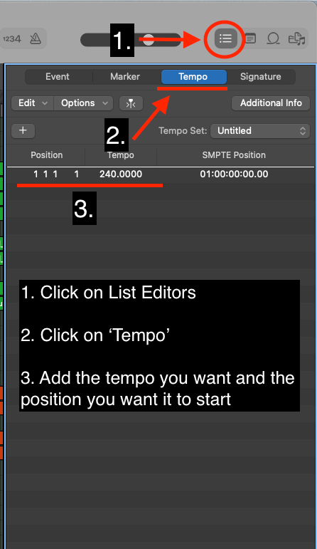Logic Pro List Editors with the Tempo tab open and numbered steps to add a tempo