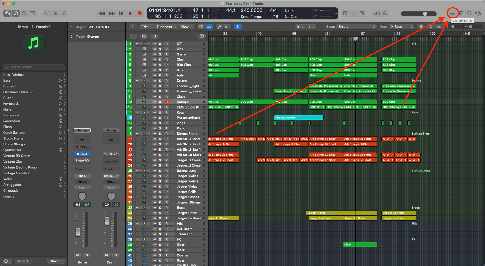 Logic Pro session with the List Editors button circled in the top right