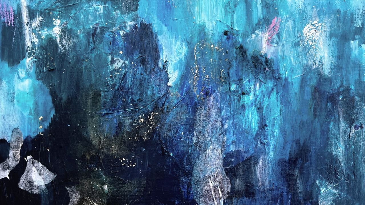 Abstract textured painting in deep blues and turquoise with flecks of gold and pink