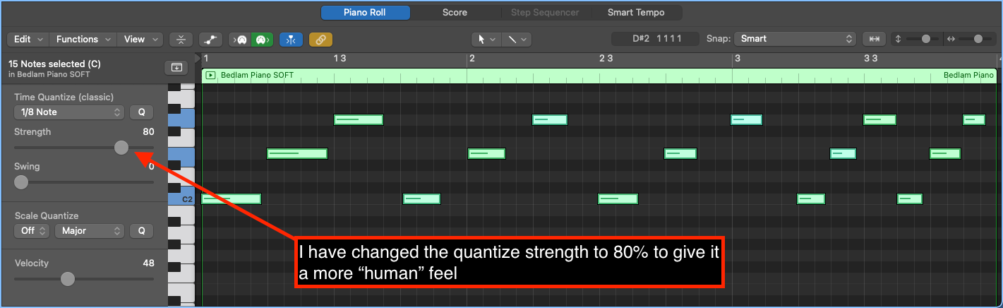 Logic Pro piano roll with the quantize strength set to 80% for a more human feel