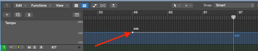 Logic Pro tempo track with a new edit point added on the tempo line