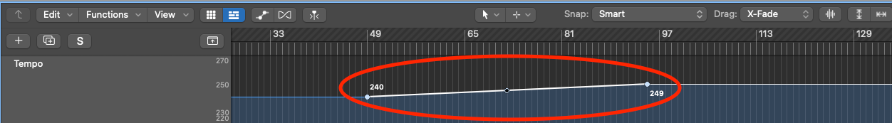 Logic Pro tempo track showing a smooth ramp from 240 to 249 BPM