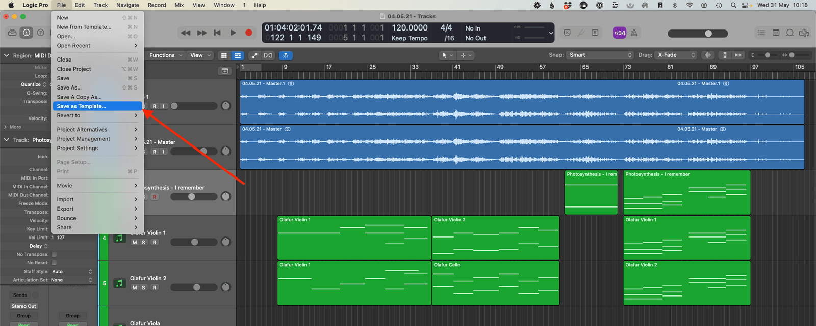 Logic Pro File menu with Save as Template highlighted