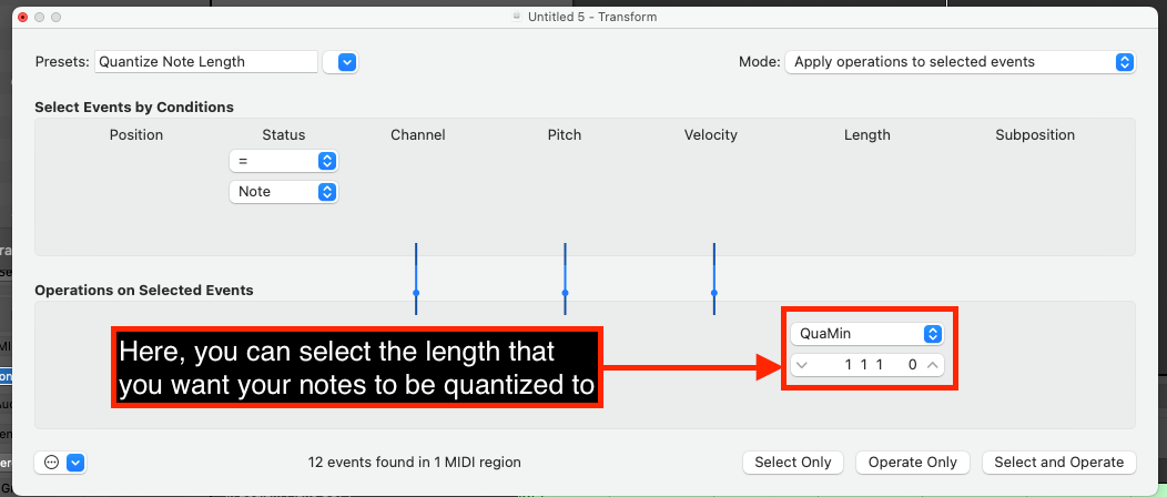 Logic Pro Transform window with the Quantize Note Length preset and its length setting highlighted